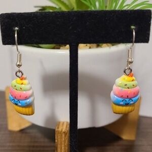 Handmade Cupcake Earrings Fun Dangle Drop Earrings Colorful Dessert Food Jewelry